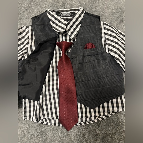 Black and White Checkered Shirt with Gray Vest and Red Tie - Picture 2 of 2